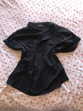 Black Short-Sleeve Button-Down Camp Collar Shirt